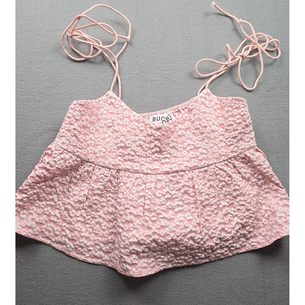 Bucketlist Pink Floral Textured Babydoll Camisole Tie Strap Crop Top IT2474 Med